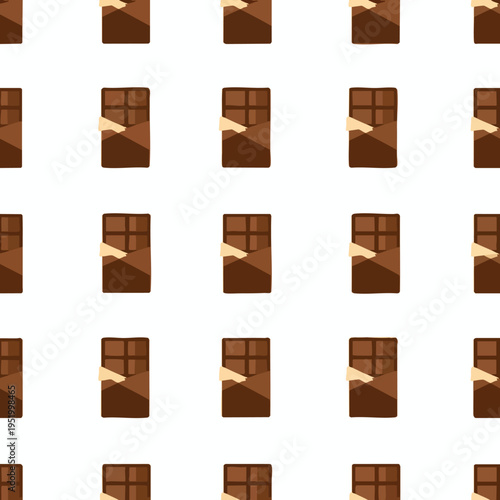 A repeating pattern of chocolate bars with a slightly ripped wrapper, on a white background