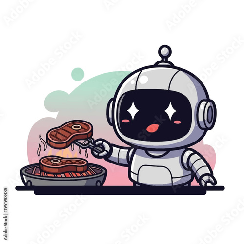 A cartoon robot grilling sausages on a barbecue with a happy expression, set against a colorful abstract background. Perfect for food blogs, restaurant promotions, and cooking tutorials.