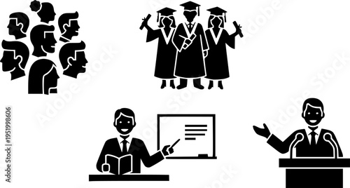 Set of black solid education icons featuring various student profiles, university graduates in caps, professional teachers, and academic instructors giving lectures.