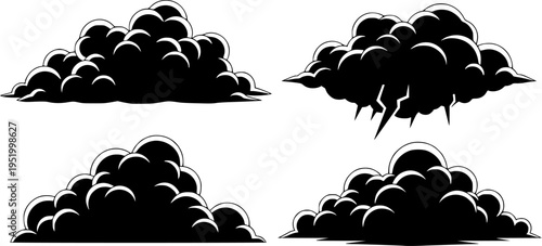 Black cloud silhouette vector set, flat weather icon collection, storm cloud shapes, CAD drawing style, isolated clipart illustration
