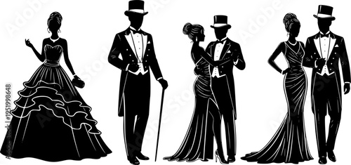 Elegant fashion silhouette set featuring women in glamorous evening gowns and men in formal tuxedos with top hats for luxury event design.
