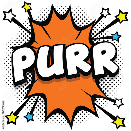 A cartoon illustration of a comic book style speech bubble with the word PURR in bold white letters on an orange background surrounded by colorful stars.