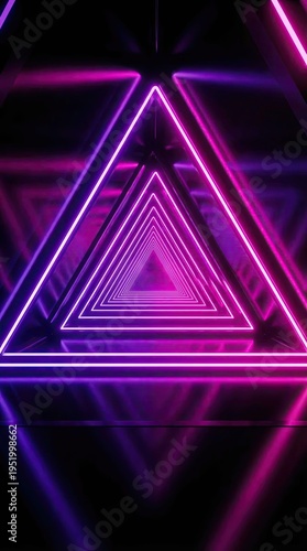 Endless Neon Triangle Tunnel with Purple and Pink Lights.