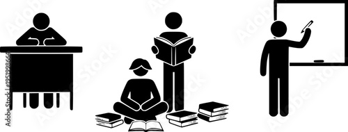 Set of black solid education icons featuring various student profiles, university graduates in caps, professional teachers, and academic instructors giving lectures.