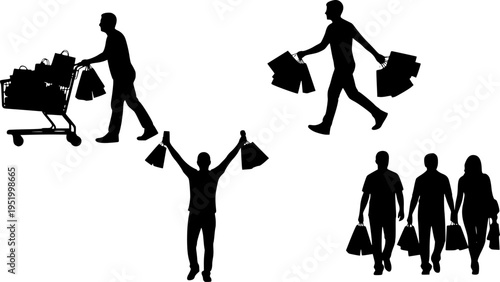 Large collection of shopper silhouettes featuring people walking with shopping carts, carrying bags, and celebrating purchases for retail or consumer marketing designs.