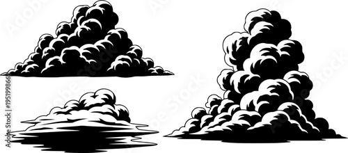 Black cloud silhouette vector set, flat weather icon collection, storm cloud shapes, CAD drawing style, isolated clipart illustration
