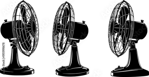 Black silhouette of a vintage electric desk fan with protective wire cage and circular base, home appliance for cooling and airflow
