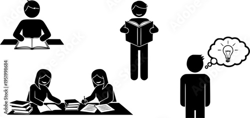 Set of black solid education icons featuring various student profiles, university graduates in caps, professional teachers, and academic instructors giving lectures.