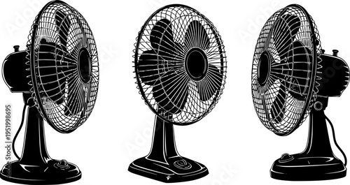 Black silhouette of a vintage electric desk fan with protective wire cage and circular base, home appliance for cooling and airflow
