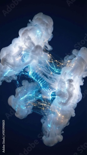 Abstract Blue Light and Smoke Cloud on Dark Background.