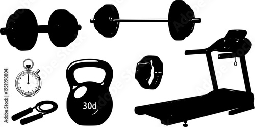 Fitness equipment, gym tools, workout gear, dumbbell, barbell, treadmill, stopwatch, smartwatch, kettlebell, jump rope, cad drawing flat vector illustration