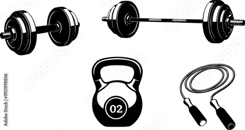 Fitness equipment, gym tools, workout gear, dumbbell, barbell, treadmill, stopwatch, smartwatch, kettlebell, jump rope, cad drawing flat vector illustration