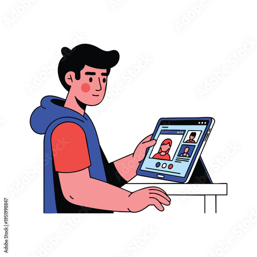 A person in a hoodie looks at a tablet displaying a video call with three participants