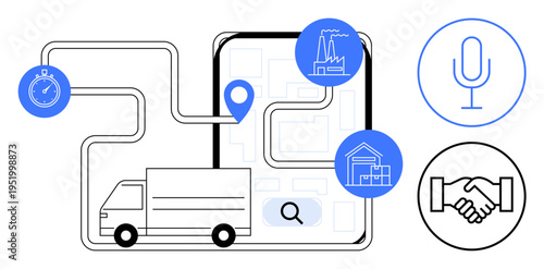 Supply chain concept. Supply chain through a delivery truck, route map, and industry icons for logistics, manufacturing, communication, and management. For operations, trade business