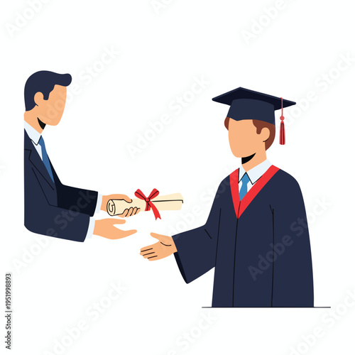 Person in graduation gown receives diploma from person in suit