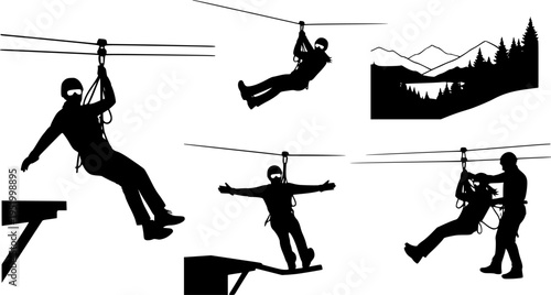 Zipline adventure, outdoor activity, silhouette motion, thrill ride, harness system, pulley cable, extreme sport, CAD drawing, flat vector illustration