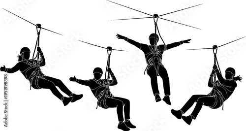 Zipline adventure, outdoor activity, silhouette motion, thrill ride, harness system, pulley cable, extreme sport, CAD drawing, flat vector illustration