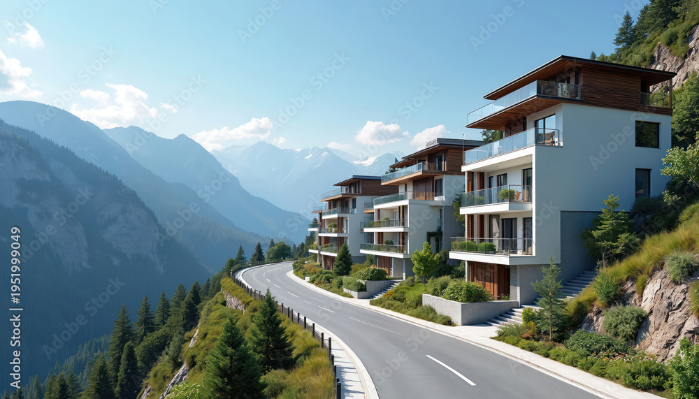 Fototapeta premium Modern apartment buildings sit on a mountain slope beside a winding road. Residences offer balconies with scenic mountain views. Rich green trees surround the contemporary structures.