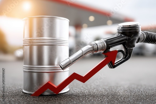 A rising gas prices concept showing gas nozzle, oil barrel, and a price chart, with a blurred gas station in the background, illustrating economic challenges.