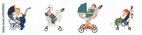 Set of flat illustrations featuring babies sleeping and sitting in different styles of prams and strollers, isolated on white background.