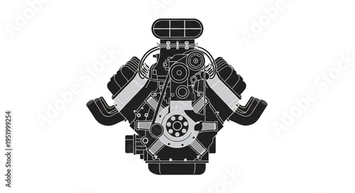 Detailed Illustration of a Powerful V8 Engine with Supercharger.