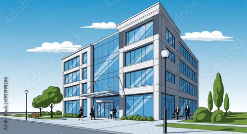 Modern Office Building Illustration with Glass Facade and Clean Design.