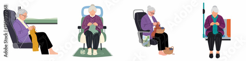 Illustrations of a senior woman knitting while traveling on various public transport vehicles like buses and trains.