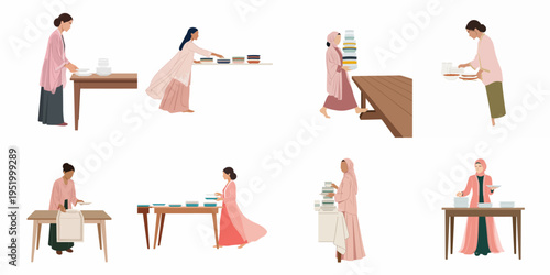 Set of diverse women in modest traditional clothing preparing tables and carrying stacks of dishes for a gathering or festive meal.