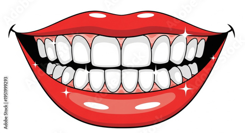 Illustration of a wide smile with bright white teeth and red lips.