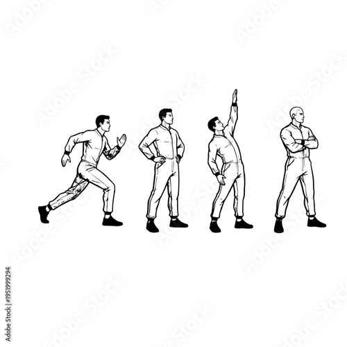 A sequence of four men in jumpsuits demonstrating various standing poses and physical movements