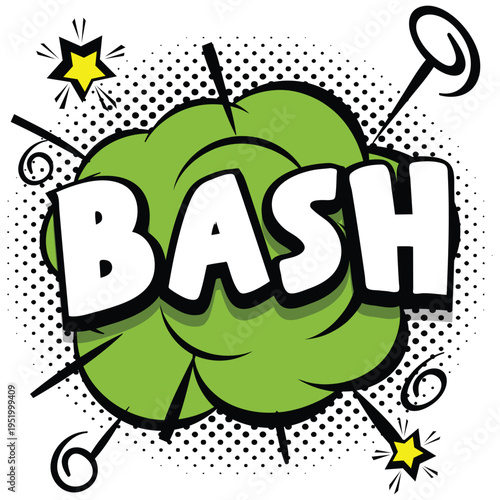 A vibrant cartoon illustration of a green explosion with the word BASH in bold white letters