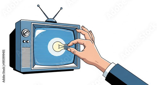 Hand placing light bulb on vintage television screen, idea concept.