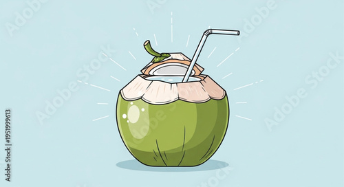 Refreshing Coconut Drink with Straw - A Tropical Delight Illustration.