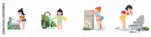 Cute illustrations of little girls in polka dot swimsuits and arm floats playing with water at fountains, showers, and splash pools.