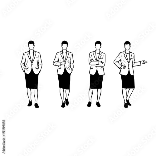 Four black and white illustrations of a professional woman wearing a blazer and a pencil skirt set