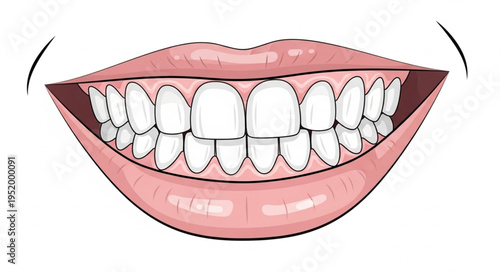 Illustration of a wide smile with healthy teeth and pink lips.