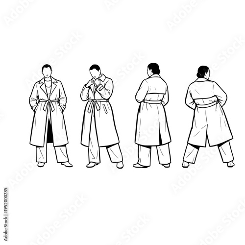 A collection of fashion illustrations showcasing a classic trench coat from multiple perspectives