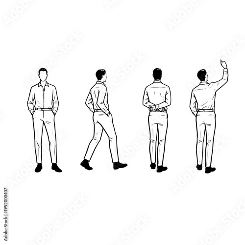 A digital illustration featuring four distinct poses of a man wearing a formal button down shirt