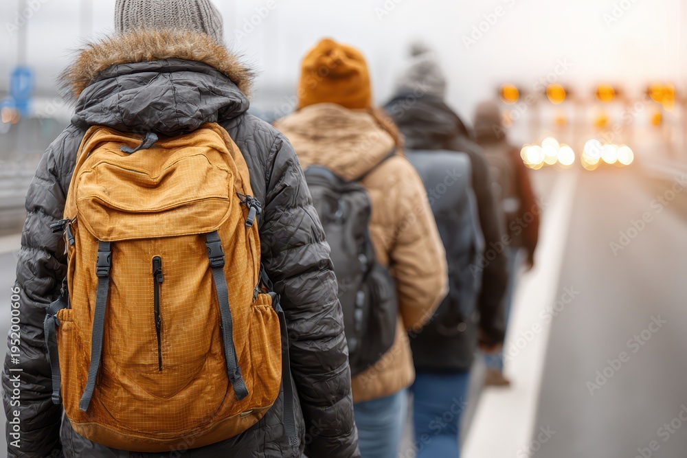 Fototapeta premium A line of travelers with backpacks walking along the roadside during a trip, wearing warm jackets, exploring new places with a sense of adventure and companionship.