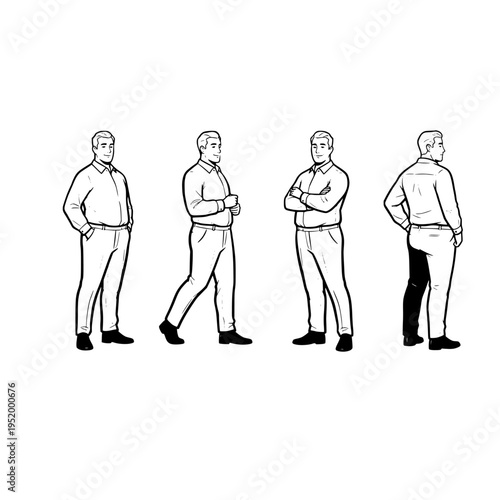 A collection of four diverse poses of a professional man in a button down shirt and dress pants