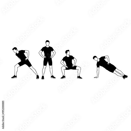 Four illustrations of a man demonstrating different physical exercise positions for daily fitness