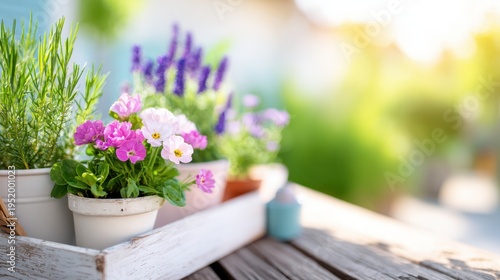 Potted pink and purple flowers in wooden box on table in sunny garden with soft blurred background and fresh spring atmosphere
