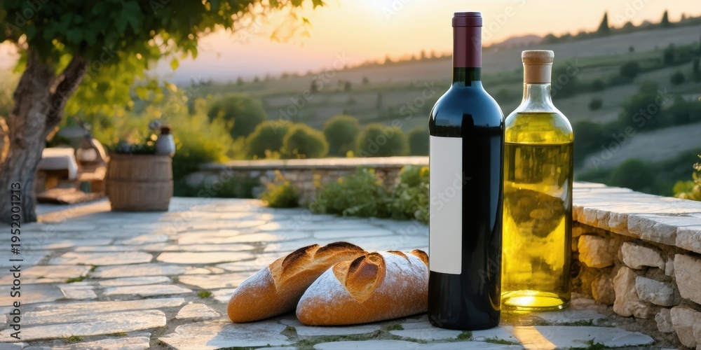 Obraz premium Rustic scene. Wine, oil, bread rest upon stone patio. Rolling hills visible during sunset. Peaceful, idyllic countryside setting.