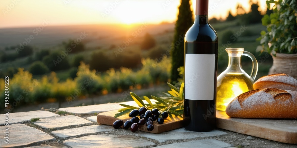 Obraz premium Wine, olives, bread present. Scenic landscape visible during sunset. Rustic setting evokes Mediterranean flavors, peaceful ambiance.