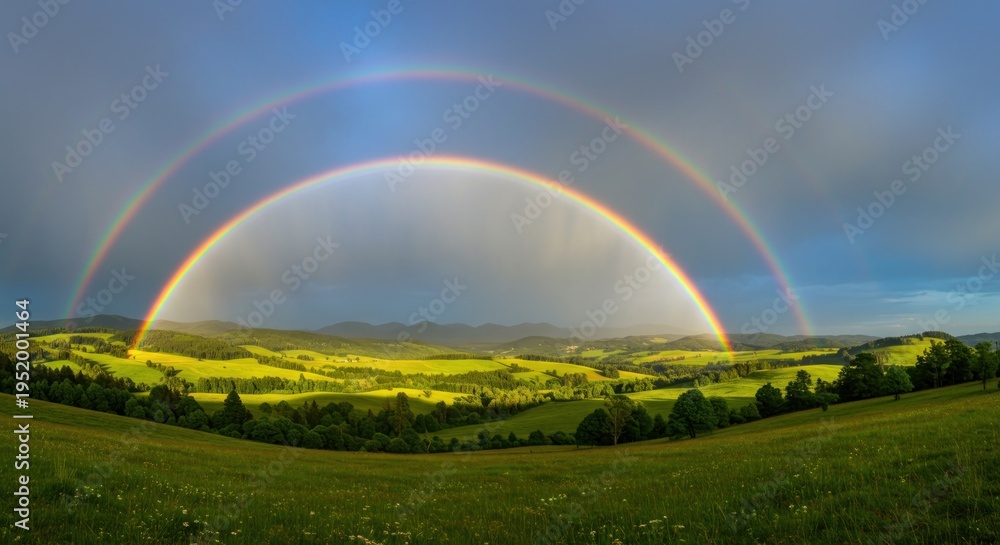 Fototapeta premium Double rainbow arching over rolling green landscape after storm