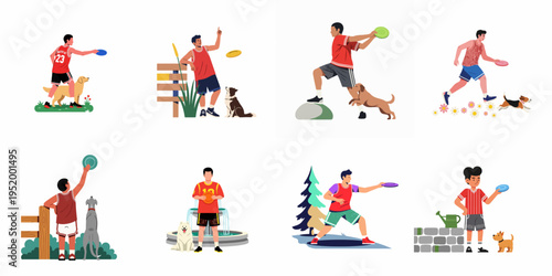 Flat vector illustration collection of men and boys playing frisbee with different dog breeds in various outdoor locations.