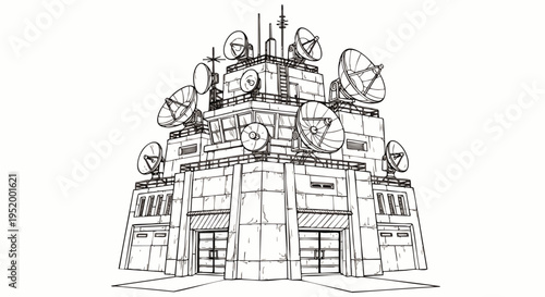 Futuristic communication station building with satellite dishes and antennas, retro-futuristic sketch style