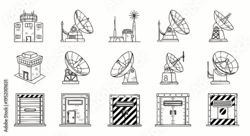 Collection of hand-drawn icons representing communication technology, including satellite dishes, radar towers, and industrial gates.