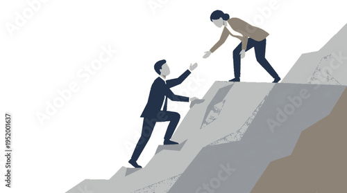 Two businessmen climbing steep mountain helping each other up rocky slope