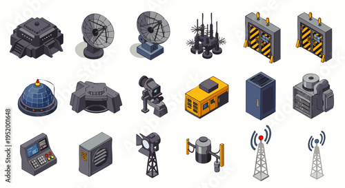 Isometric set of futuristic technology and communication devices, including satellite dishes, antennas, control panels, and industrial structures